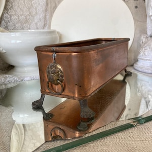 Op de afbeelding: Een rechthoekige koperen plantenbak met een ringgreep in de vorm van een leeuwenkop aan de voorkant. De plantenbak staat op vier klauwpoten. Het koper heeft een warme, verouderde patina.