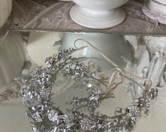 FRANCE Old large silver diadem &2 corsages pin crown tiara wedding bridal jewelry myrtle paper wire antique midcentury