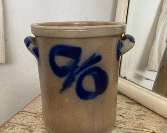 VINTAGE Ancien pot en grès avec anse H environ 20 cm bleu beige décor fait main pot à saindoux glaçage au sel maison de campagne rustique gris primitif