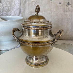 Op de afbeelding: Een zilveren en gouden suikerpot met een deksel en twee handvatten. De pot heeft een decoratieve band rond de boven- en onderkant. Het deksel heeft een klein knopje bovenop.