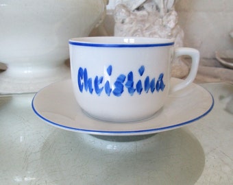 VINTAGE Alte kleine weiße Porzellantasse CHRISTINA mit blauem Rand&Schriftzug 1970 Geschenk Brocante Shabby  Tee Kaffe Kakao Kindertasse