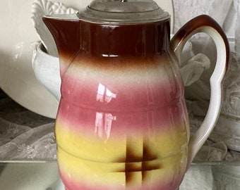 Pot à cacao ancien Art Déco spray décoration bec verseur hauteur environ 23 cm marron rose jaune céramique