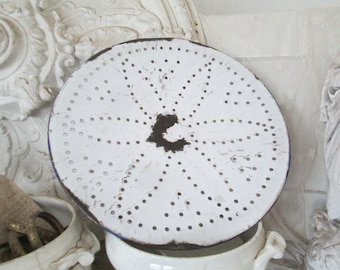 FRANKREICH Antikes großes rundes Abtropfsieb Tortenplatte weiß STERNMOTIV Emailleteller Ø ca 34cm Gebäckteller Schale 1930/40