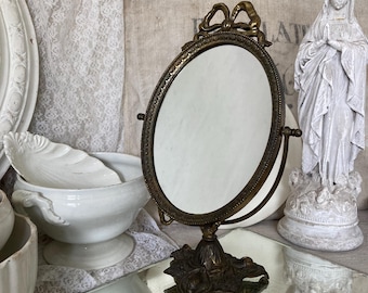 FRANCE Old swivel mirror with bow height approx. 37 cm standing mirror make-up mirror metal oval shabby decoration gold bronze patina