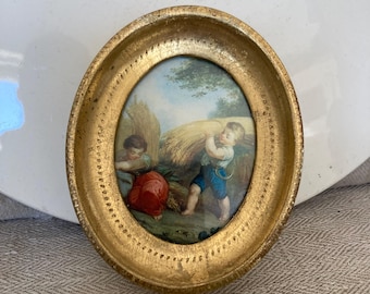 VINTAGE Alter ovaler kleiner goldener Rahmen mit Kinderdruck hinter Glas ca 11,5x9,5cm Florentiner Art Italien 1970 Wanddeko Holz
