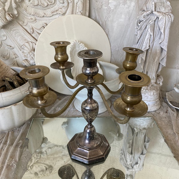 FRANCE Old large 5-armed candlestick 2-coloured gold silver approx. 1.4kg PATINA brass silver-plated candlestick candle holder