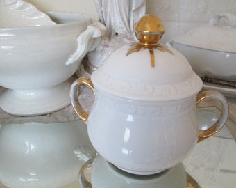 VINTAGE Ancient magical white sugar pot porcelain jar lidded jar RELIEF gold abrasion shabby chic brocante sunshi PMR