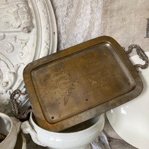 VINTAGE Oude Handvat Dienblad Metaal Gravure Reliëf Handvat ca 41 x 22,5 cm Patina Serveerblad Brocante Shabby Decoratie goud zilver