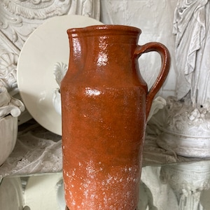 FRANCE Antique high clay jug with handle height approx. 23 cm jug milk jug stone jug stone vessel clay vessel country house vintage patina decoration kitchen brown