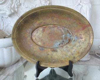 FRANCE Antique oval magical metal bowl with pearl rim dream patina approx. 32 x 23.5 cm ART DECO ancient bowl brass relief brocante fruit bowl