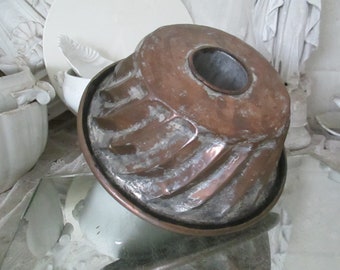 FRANCIA Molde antiguo de cobre grande de los años 30/40 para bizcocho Bundt Ø aprox. 24 cm Molde de repostería shabby chic de metal estañado Decoración rústica para cocina o casa de campo