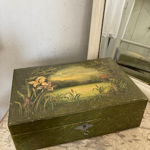 VINTAGE Antique wooden box & mirror flower motif lake picture jewelry box wooden box sewing box approx. 37.5 x 18.5 x 9.4 cm 1900/30 Brocante sewing box