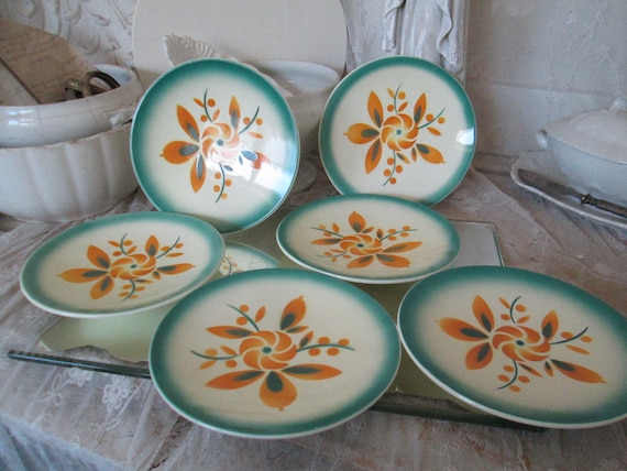 VINTAGE SET 6 piatti da torta antichi Ø circa 18 cm decorazione spray Art  Déco 1930 ZELL am Harmersbach piatto crema arancio turchese piccola pietra  di ferro in ceramica -  Italia