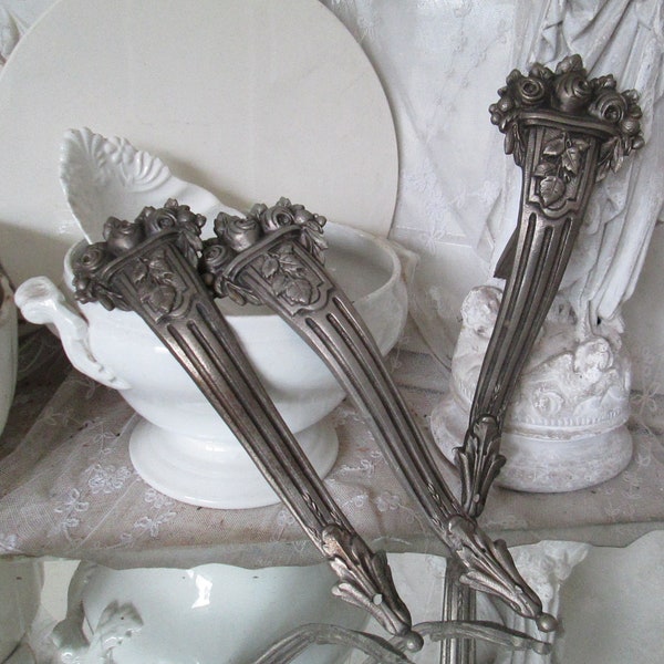 FRANCE 1 antique large curtain holder curtain holder metal silver 1900/30 roses flowers leaves relief loop scarf hook knob