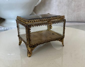 Boîte à bijoux en verre antique env. 8x5,5xx6,5 cm laiton LINDAU AU LAC DE CONSTANCE port bateaux eau couvercle à charnière patine polie allemande