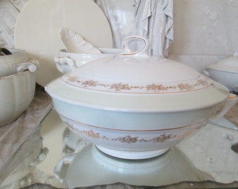 FRANCIA Antigua terrina grande OPACO Shabby pastel verde dorado blanco soupiere tazón de sopa antiguo francés Brocante cocina vintage decoración vajilla