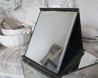 FRANCE Antique grand miroir pliable environ 29,5 x 24,5 cm en cuir taillé à facettes miroir pliant miroir de table miroir de voyage miroir de courtoisie