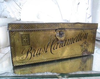 VINTAGE Antike große goldene Blechdose BRUSTCARAMELLEN ca 27,5x18cm Höhe ca 11cm shabby Deko Aufbewahrung Schachtel Box Metalldose Reklame