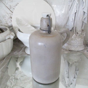 FRANCE Antique small grey earthenware bottle & porcelain stopper 1 litre 1930/40 ca 23 cm earthenware storage vessel French Brocante swing top