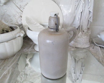 FRANCE Antique small gray stoneware bottle & porcelain cap 1 liter 1930/40 ca 23 cm stoneware storage jar french brocante clip cap