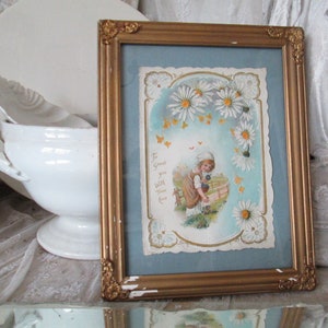 VINTAGE Antiker goldener Holzrahmen mit Reliefecken&Postkarte hinter Glas ca 23x18cm USA Bilderrahmen Wanddeko Brocante shabby Vintage
