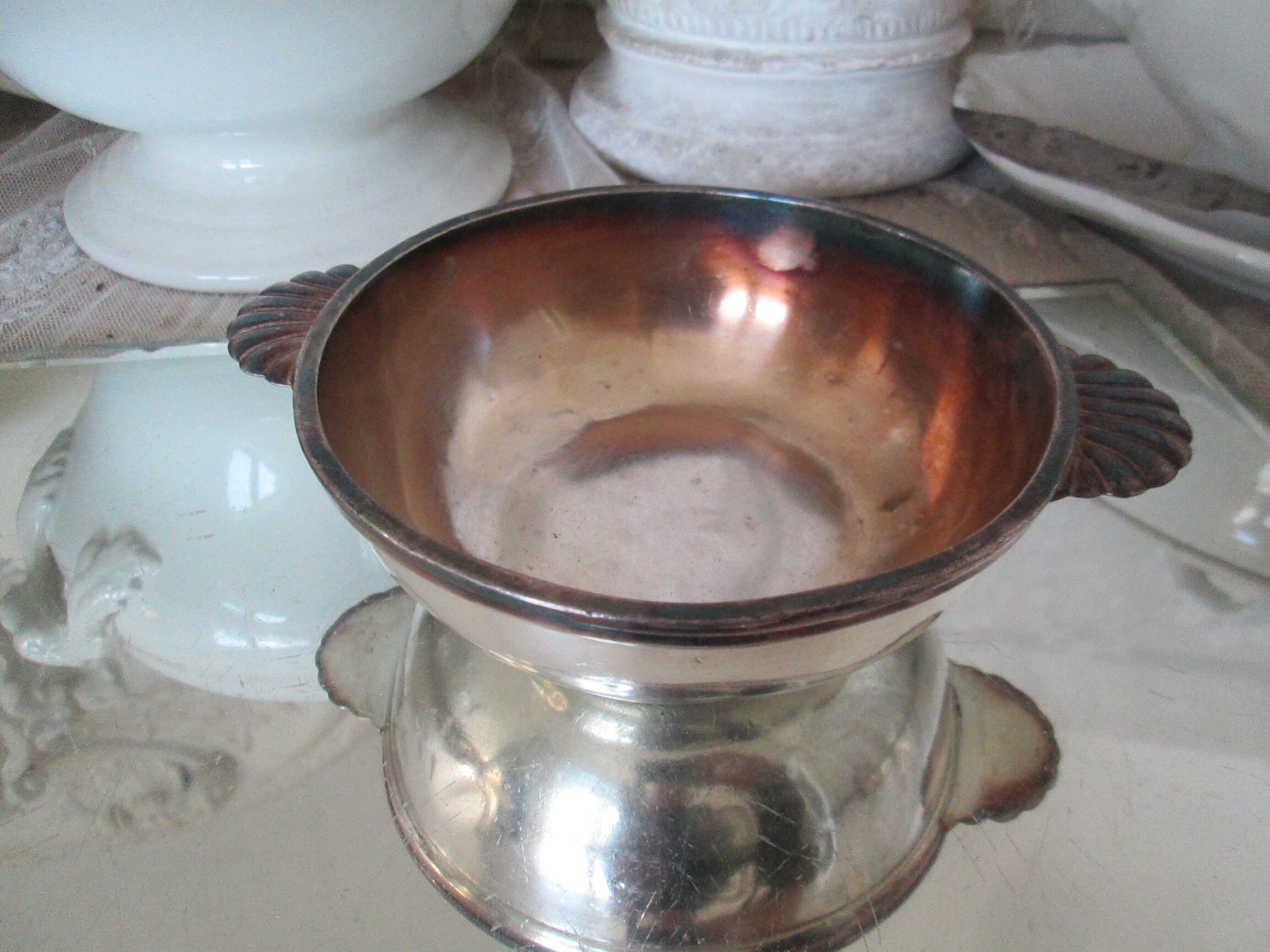 FRANCE Antique silver plated bowl Dmr approx 12 cm shell handles side dish salad hotel silver metal patina RENEKA heavy solid silverware hallmark