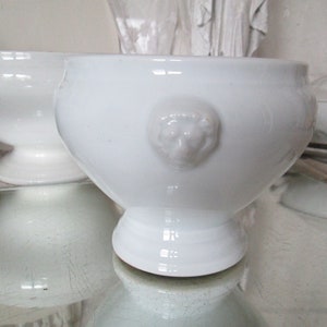 FRANCE Antique thick white lion head terrine porcelain bowl french france brocante patina 1930/40 Ironstone Transferware