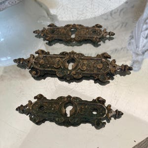 Puede incluir: Tres cubiertas de cerradura antiguas de bronce con diseños florales y de volutas ornamentados. Cada cubierta tiene un ojo de cerradura en el centro y bordes decorativos. Las cubiertas están dispuestas en fila sobre una superficie reflectante.