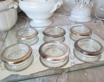 VINTAGE 6x Glasuntersetzer mit silbernem Metallrand Italy Leonard Silverplate Patina schwer Bodenstern shabby Deko