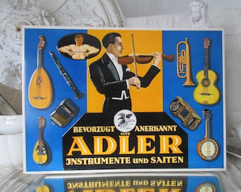 VINTAGE Antikes großes Pappschild MUSIKINSTRUMENTE Adler ca 48x34cm um 1900/20 TOPZUSTAND shabby Wanddeko Dresden Plakatfabrik