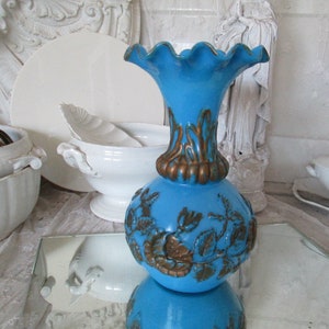 FRANCE Antique large blue vase OPAL GLASS 1900/30 height approx 26.5 cm relief gold frosted glass French decor brocante flower vase light blue