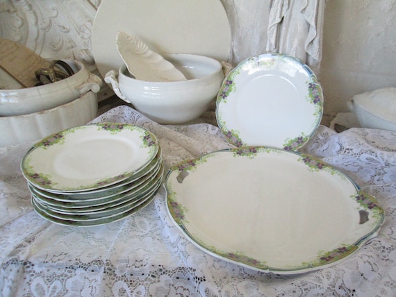 FRANKREICH LIMOGES SET Antike Kuchenplatte & 9 Kuchenteller Blumendekor Brocante Geschirr Küche Teller Platte 1900 Landhaus Garten Terrasse