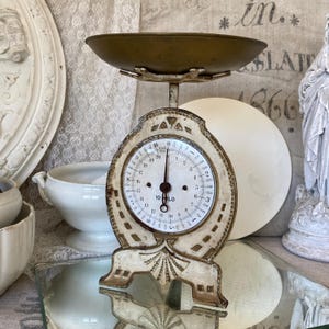 VINTAGE Antique large household scale 1900 kitchen scale plate scale economic scale height approx. 33 cm 10 kg Art Nouveau gold cream beige cast iron