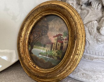VINTAGE Alter ovaler kleiner goldener Rahmen mit Ölgemälde hinter gewölbtem Glas ca 12x10,5cm Florentiner Art Italien 1970 Wanddeko Holz