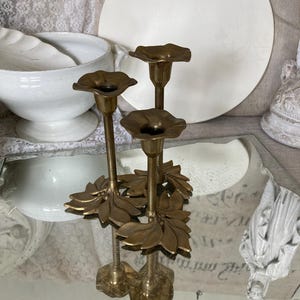 VINTAGE Old tall flower candle holder brass 3-fold height approx. 17 cm candlestick approx. 580g candlestick Mid Century 1960 shabby gold floral