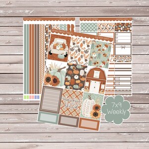 May include: A set of 7x9 weekly planner stickers with a fall theme. The stickers feature pumpkins, sunflowers, a farmhouse, and the text "thankful and blessed".