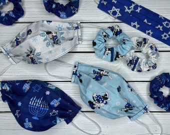 Hanukkah Washable Cotton Face Masks + Scrunchies - Pleated - Adult Size - Read Item Description