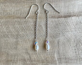 T R E A S U R E D | Dainty Oval Pearl Silver Dangle Earrings | Simple Pearl Drop Chain Earrings | Minimalist Dainty Pearl Bridal Earring