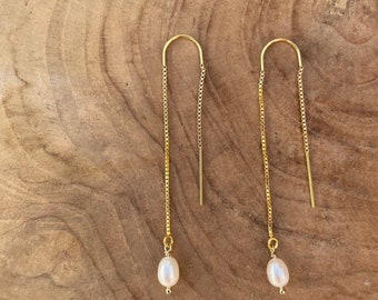 V E I L | Gold Minimalist Dainty Pearl Threader Earring | Simple Pearl Bridal Earring | Long Gold Pearl Threader | Gold Filled Threader