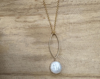 D E L I G H T | Freshwater Pearl long necklace | Flat Unique Pearl Necklace | Coin pearl necklace | gold pearl necklace | Gold Pearl Pendant