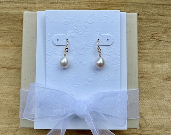 TREASURE | Bridesmaid Pearl Earrings | Classic Gold Teardrop Pearl Bridal Earrings | Simple Pearl Dangle for Bridesmaid | Bridesmaid Gift