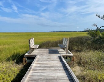 Sit and Stay a While | Peaceful Marsh Overlook Digital Photo | Nature Scene | Serene Skyline Photo | Florida Marsh Photo | Boardwalk Photo