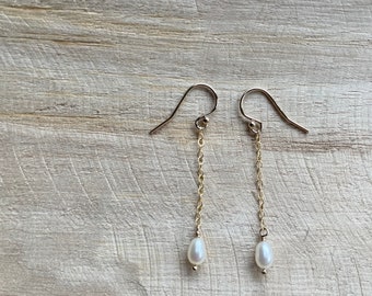 C A R I N G | Dainty Oval Pearl Gold Filled Dangle Earrings | Simple Pearl Drop Chain Earrings | Minimalist Gold Dainty Pearl Bridal Earring