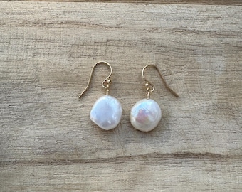 P U R P O S E | Coin Pearl Gold Filled Earrings | Gold Coin Pearl Earrings | Classic Pearl Earrings | Minimalist Natural Flat Pearl Earring