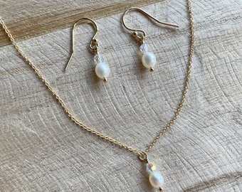 H O N O R |  Bridesmaid Earring and Necklace Bundle | Gold filled Pearl and Crystal Necklace and Short Earrings | Simple Pearl Bridal Set