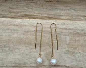 V E I L | Gold Minimalist Round Pearl Threader Earring | Simple Round Pearl Bridal Earring | Long Gold Filled Pearl Threader | Pearl Dangles
