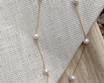 EVERMORE | Long Pearl Necklace | Multi-pearl Gold Filled Necklace | Pearl and Gold Chain for Layering | Staggered Pearl Necklace | Pearls