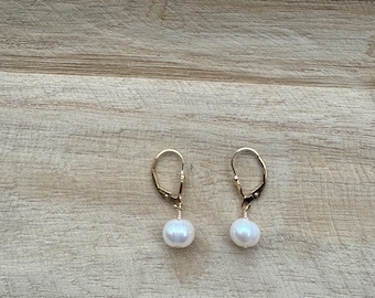 E M B R A C E | Classic White Freshwater Pearl Earrings | Short Bridesmaids Earrings | Dainty Lever back Near Round Pearl Bridal Earrings