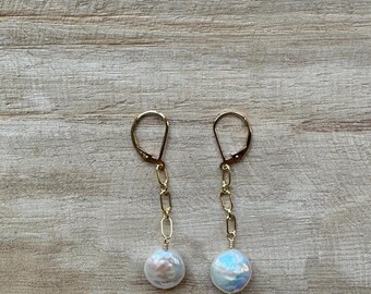P U R P O S E | Pearl and Paperclip Chain Gold Filled Earrings | Gold Coin Pearl Earrings | Long Pearl Gold Dangle Earrings | Fashion Pearl