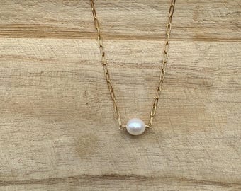 BELONG | Pearl and Gold Paperclip Chain Necklace | Minimalist Pearl Necklace | Single Pearl and Gold Filled Chain | Gold Filled Paperclip